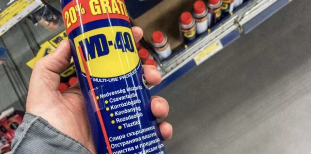 WD-40 spray dissolves stubborn sticker residue